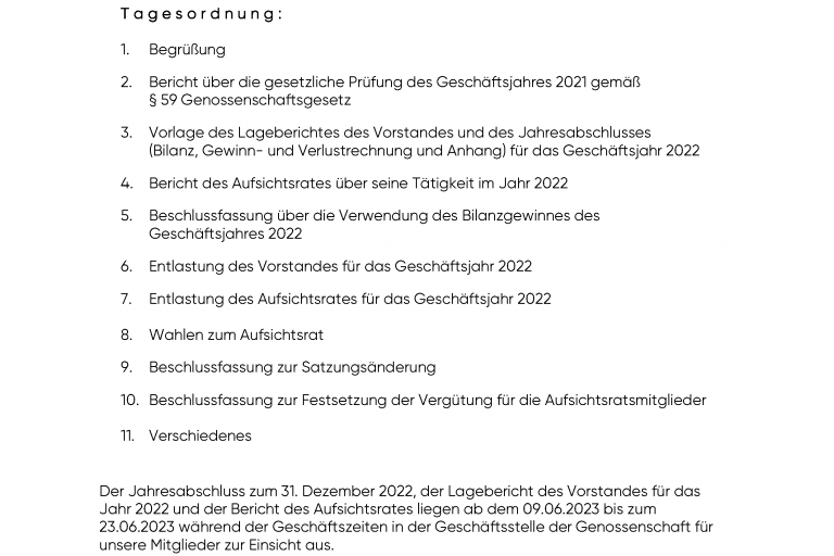 Tagesordnung Vertreterversammlung 23.06.2023