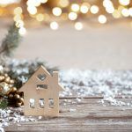 Christmas cozy background with decor details, snow and blurry lights copy space.